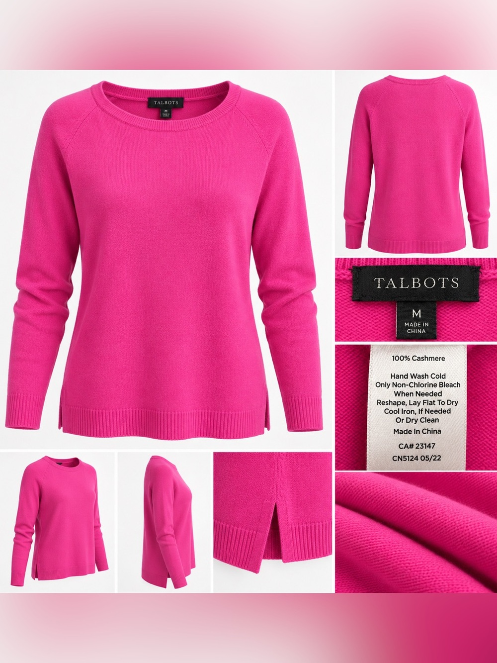 Talbots 100% Cashmere Sweater Medium Hot Pink Fuchsia Crewneck